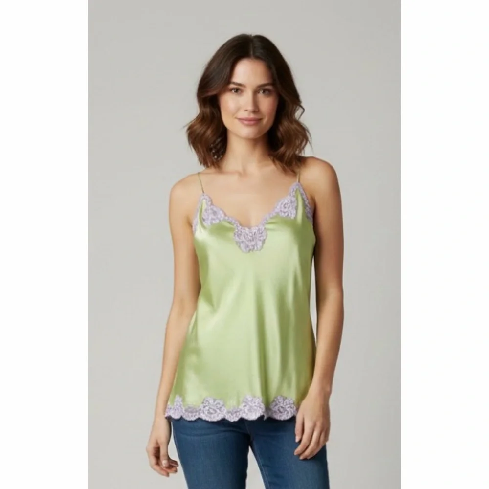 Lindsey Luxe Y2K Elegant Satin Green Lilac Lace Chemise Cami Tank Top Camisole - Picture 15 of 15
